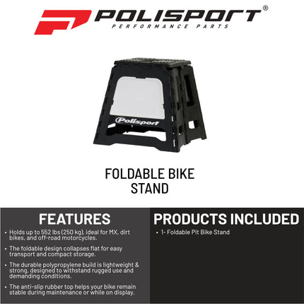 Polisport Foldable Pit Bike Stand - Lightweight, Heavy-Duty Motocross Stand for Dirt Bikes, MX, Off-Road Motorcycles - Compact, Portable, 552 lb Capacity - FIM Podium Official Stand - Black/White