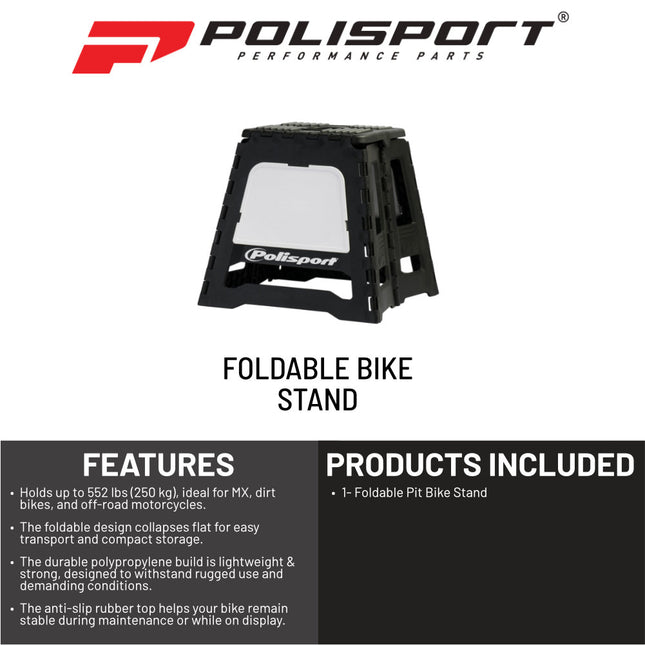 Polisport Foldable Pit Bike Stand - Lightweight, Heavy-Duty Motocross Stand for Dirt Bikes, MX, Off-Road Motorcycles - Compact, Portable, 552 lb Capacity - FIM Podium Official Stand - Black/White