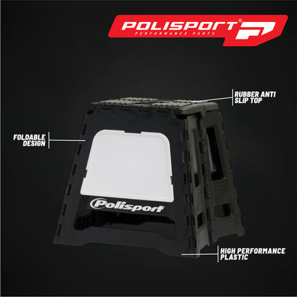 Polisport Foldable Pit Bike Stand - Lightweight, Heavy-Duty Motocross Stand for Dirt Bikes, MX, Off-Road Motorcycles - Compact, Portable, 552 lb Capacity - FIM Podium Official Stand - Black/White