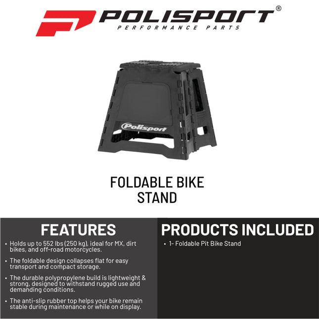 Polisport Foldable Pit Bike Stand - Lightweight, Heavy-Duty Motocross Stand for Dirt Bikes, MX, Off-Road Motorcycles - Compact, Portable, 552 lb Capacity - FIM Podium Official Stand - Black