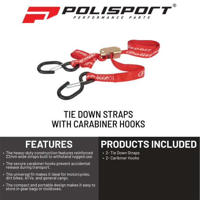 Polisport Tie Down Straps with Carabiner Hooks, 2-Pack, 22mm x 2.2m, Durable Universal Motorcycle and Bike Securing Straps, Red