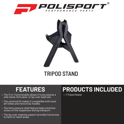Polisport Tripod Stand - Side Stand, Lay-Over Wash Aid & Fork Saver  3-in-1 Dirt Bike Support for Cleaning & Transport