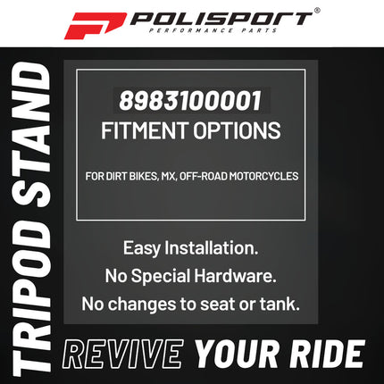 Polisport Tripod Stand - Side Stand, Lay-Over Wash Aid & Fork Saver  3-in-1 Dirt Bike Support for Cleaning & Transport