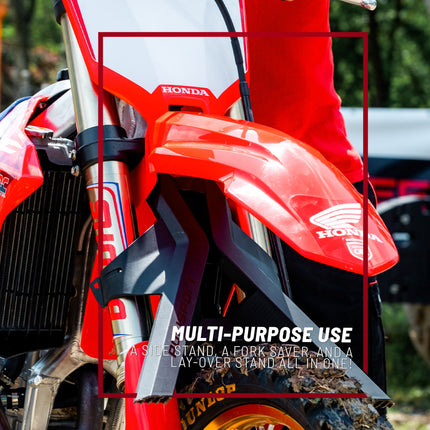 Polisport Tripod Stand - Side Stand, Lay-Over Wash Aid & Fork Saver  3-in-1 Dirt Bike Support for Cleaning & Transport