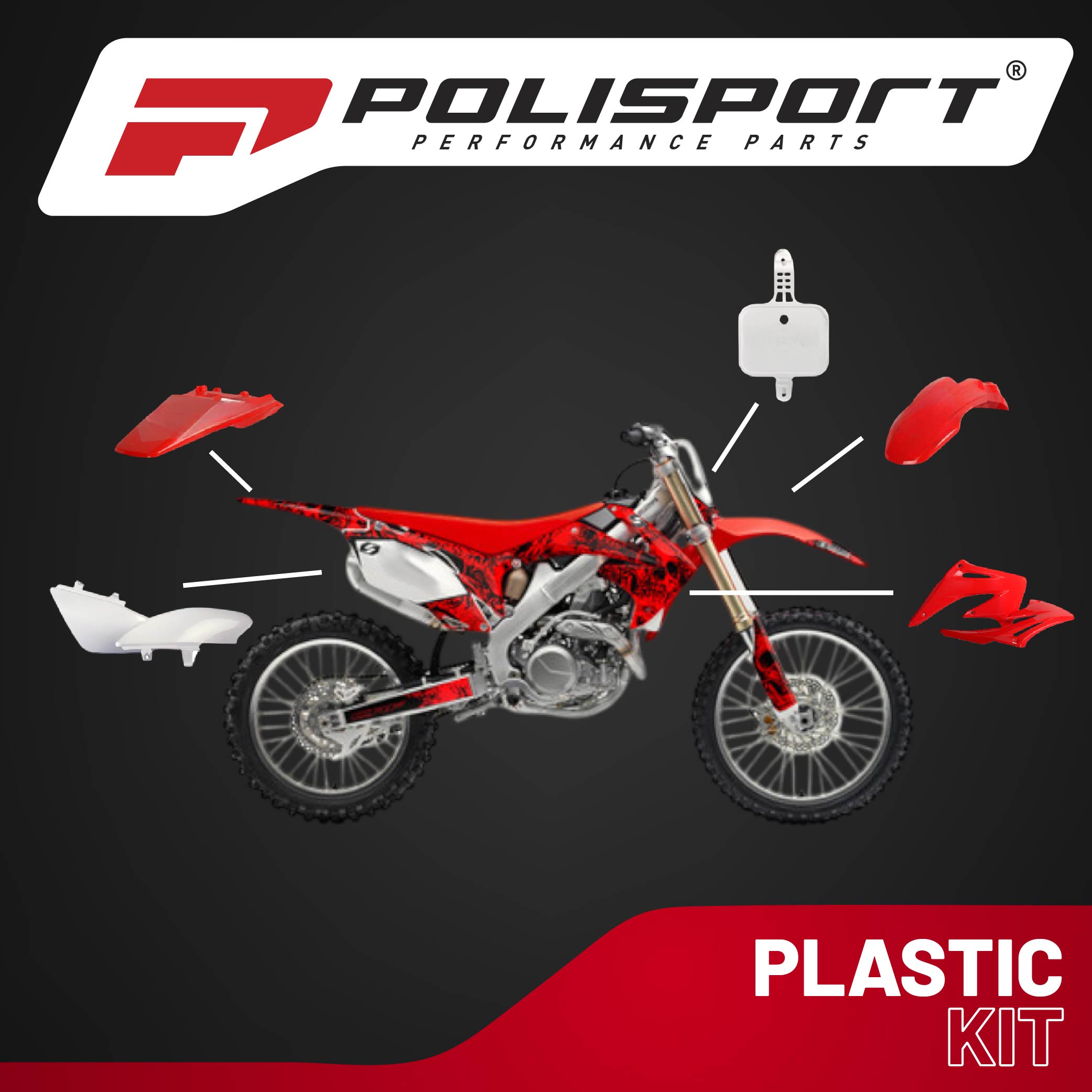 Polisport Motocross (MX) Replica Plastic Kit for Honda CRF 50F (2004-25) Dirt Bike – OEM Quality, Durable, Flexible & Perfect Fit – Red/White