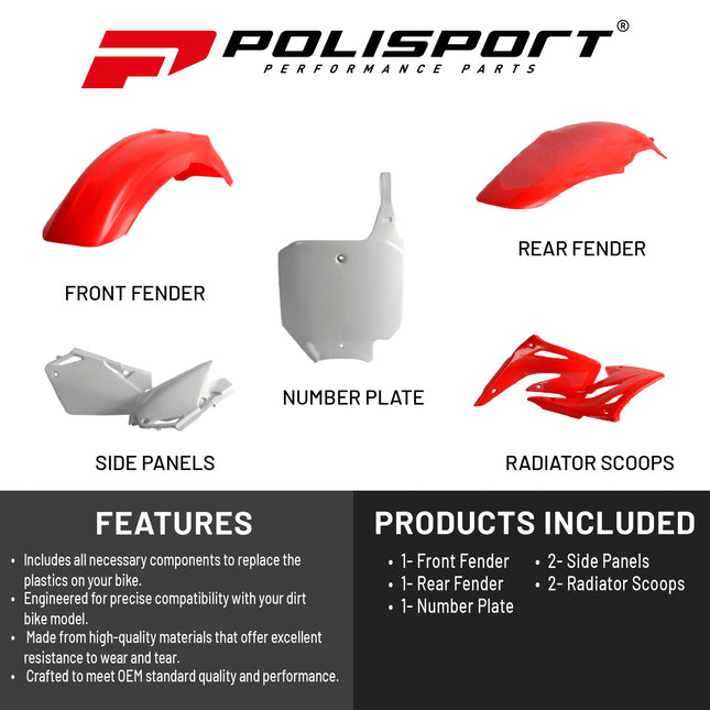 Polisport Motocross (MX) Replica Plastic Kit for Honda CR 85R (2003-07) Dirt Bike – OEM Quality, Durable, Flexible & Perfect Fit – Red/White