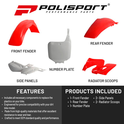 Polisport Motocross (MX) Replica Plastic Kit for Honda CR 250R (1997-99) Dirt Bike – OEM Quality, Durable, Flexible & Perfect Fit – Red/White