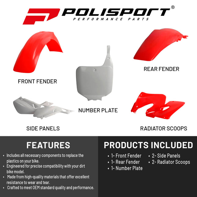 Polisport Motocross (MX) Replica Plastic Kit for Honda CR 250R (1997-99) Dirt Bike – OEM Quality, Durable, Flexible & Perfect Fit – Red/White