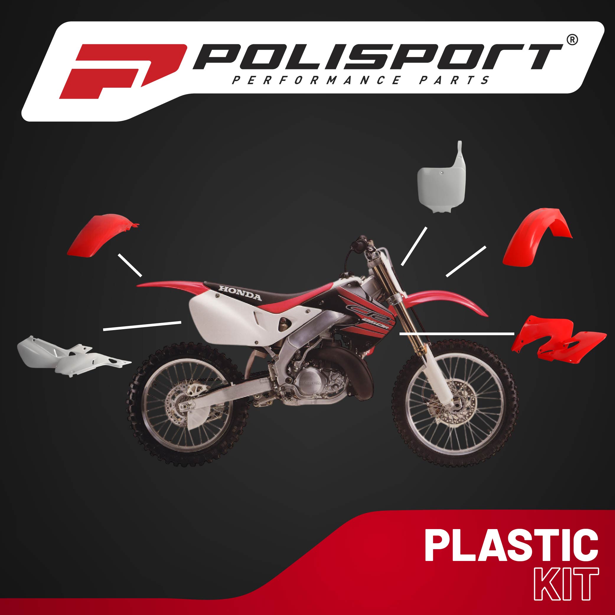 Polisport Motocross (MX) Replica Plastic Kit for Honda CR 250R (1997-99) Dirt Bike – OEM Quality, Durable, Flexible & Perfect Fit – Red/White