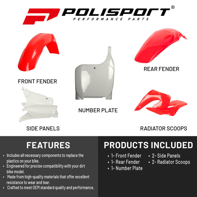 Polisport Motocross (MX) Replica Plastic Kit for Honda CR 125R/250R (2000-01) Dirt Bike – OEM Quality, Durable, Flexible & Perfect Fit – Red/White