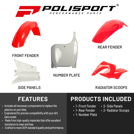 Polisport Motocross (MX) Replica Plastic Kit for Honda CRF 250R (2004-05) Dirt Bike – OEM Quality, Durable, Flexible & Perfect Fit – Red/White