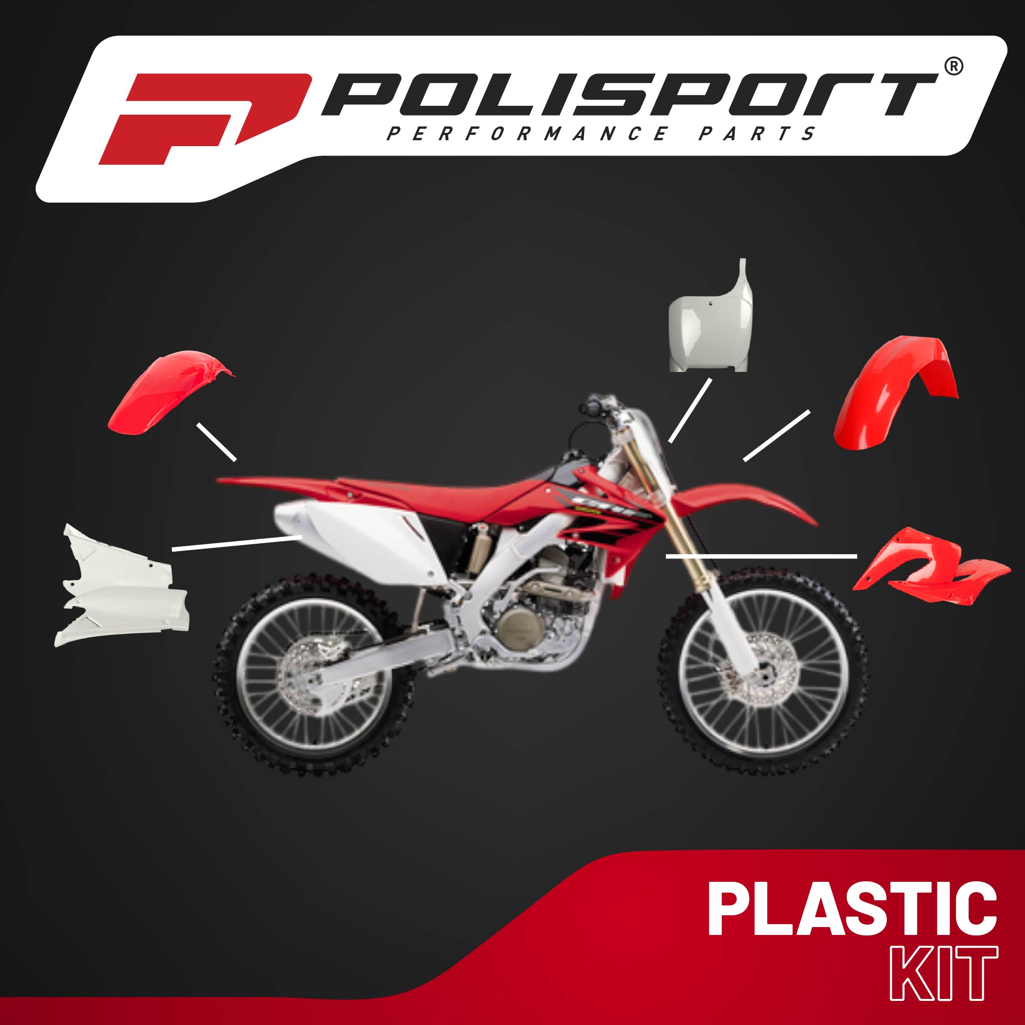 Polisport Motocross (MX) Replica Plastic Kit for Honda CRF 250R (2004-05) Dirt Bike – OEM Quality, Durable, Flexible & Perfect Fit – Red/White