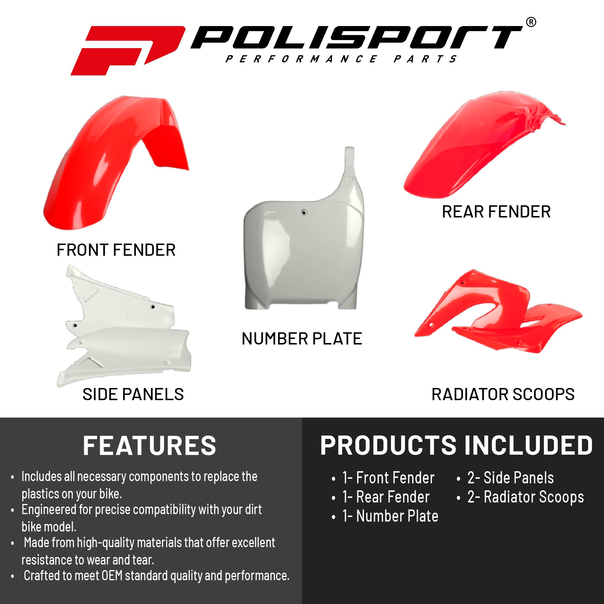 Polisport Motocross (MX) Replica Plastic Kit for Honda CRF 450R (2005-06) Dirt Bike – OEM Quality, Durable, Flexible & Perfect Fit – Red/White