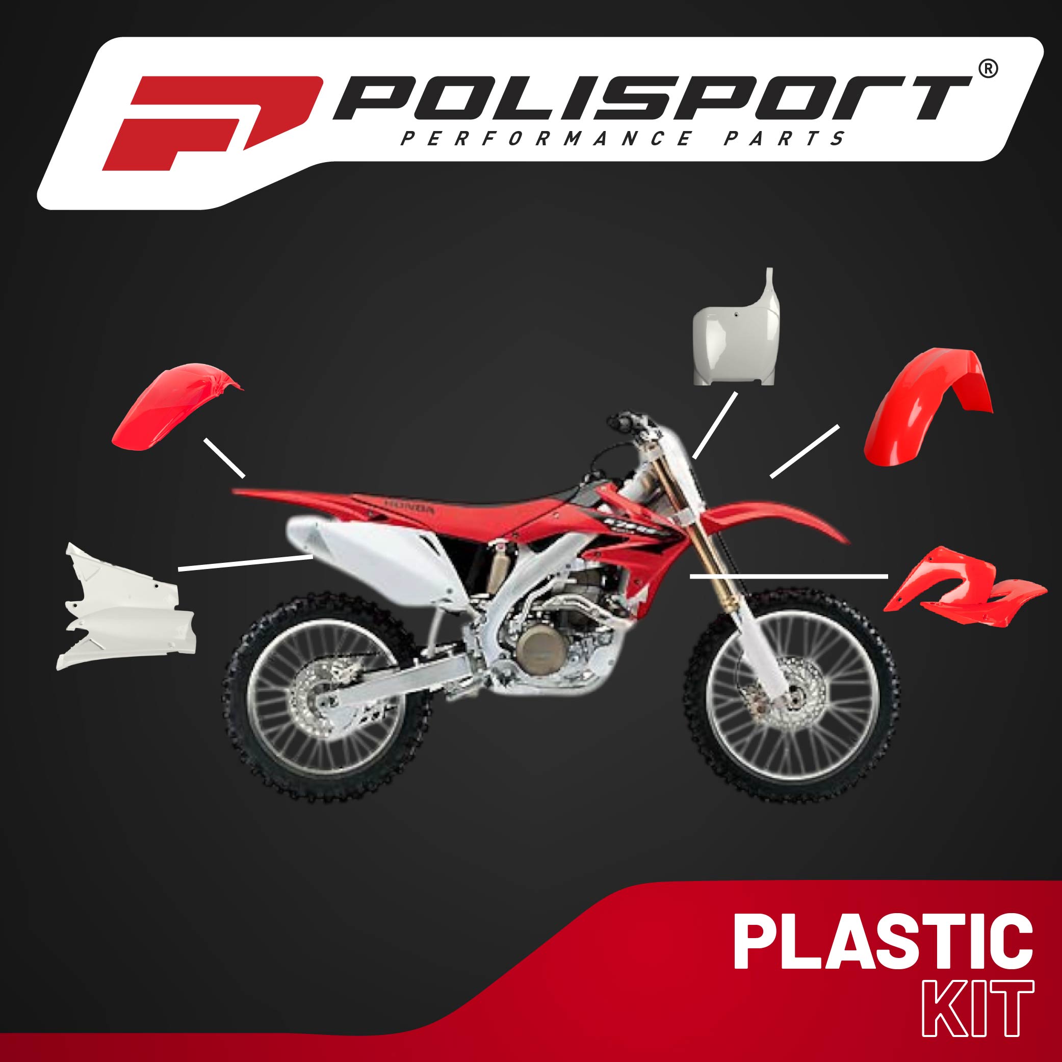 Polisport Motocross (MX) Replica Plastic Kit for Honda CRF 450R (2005-06) Dirt Bike – OEM Quality, Durable, Flexible & Perfect Fit – Red/White