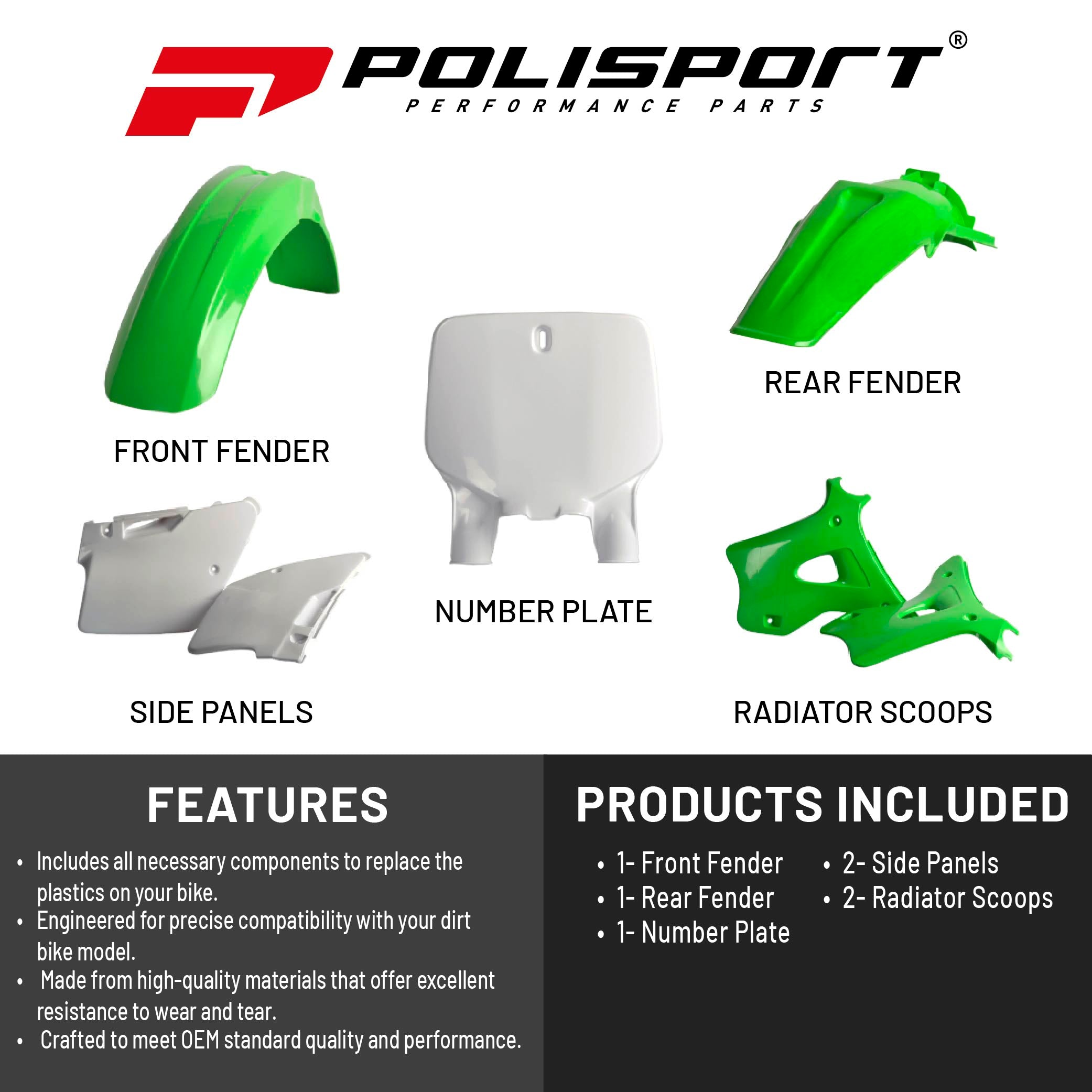 Polisport Motocross (MX) Replica Plastic Kit for Kawasaki KX 125/250 (1996-98) Dirt Bike – OEM Quality, Durable, Flexible & Perfect Fit – Green/White