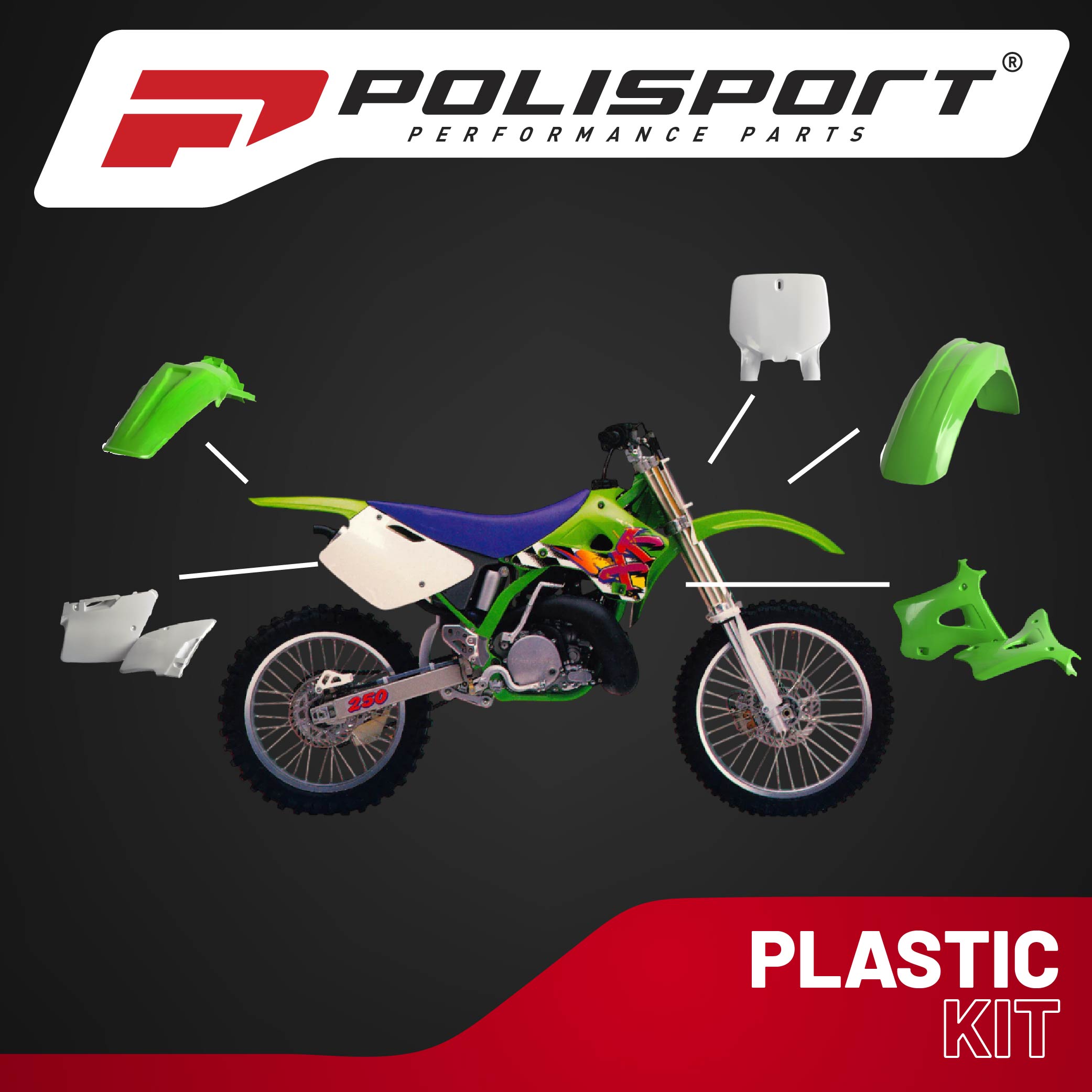 Polisport Motocross (MX) Replica Plastic Kit for Kawasaki KX 125/250 (1996-98) Dirt Bike – OEM Quality, Durable, Flexible & Perfect Fit – Green/White