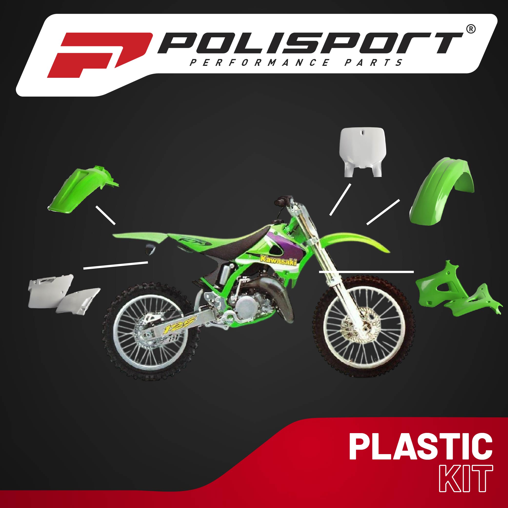 Polisport Motocross (MX) Replica Plastic Kit for Kawasaki KX 125/250 (1999-02) Dirt Bike – OEM Quality, Durable, Flexible & Perfect Fit – Green/White