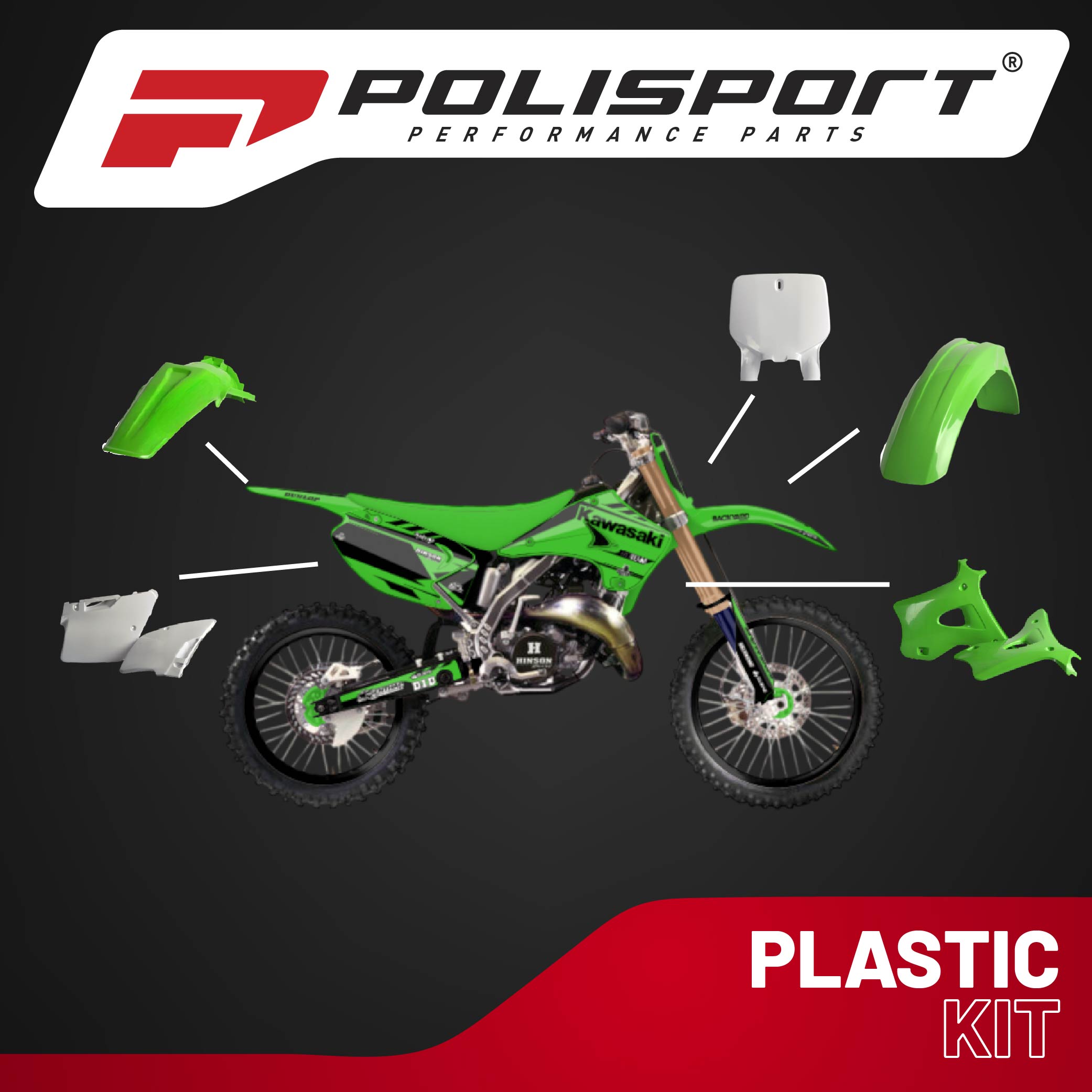 Polisport Motocross (MX) Replica Plastic Kit for Kawasaki KX 125/250 (2003-08) Dirt Bike – OEM Quality, Durable, Flexible & Perfect Fit – Green/White