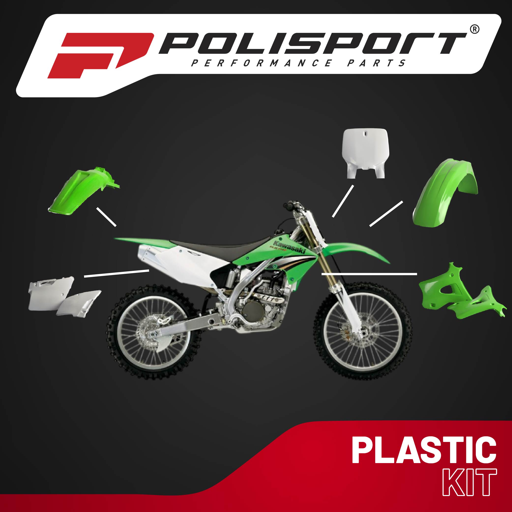 Polisport Motocross (MX) Replica Plastic Kit for Kawasaki KX 250F (2004-05) Dirt Bike – OEM Quality, Durable, Flexible & Perfect Fit – Green/White