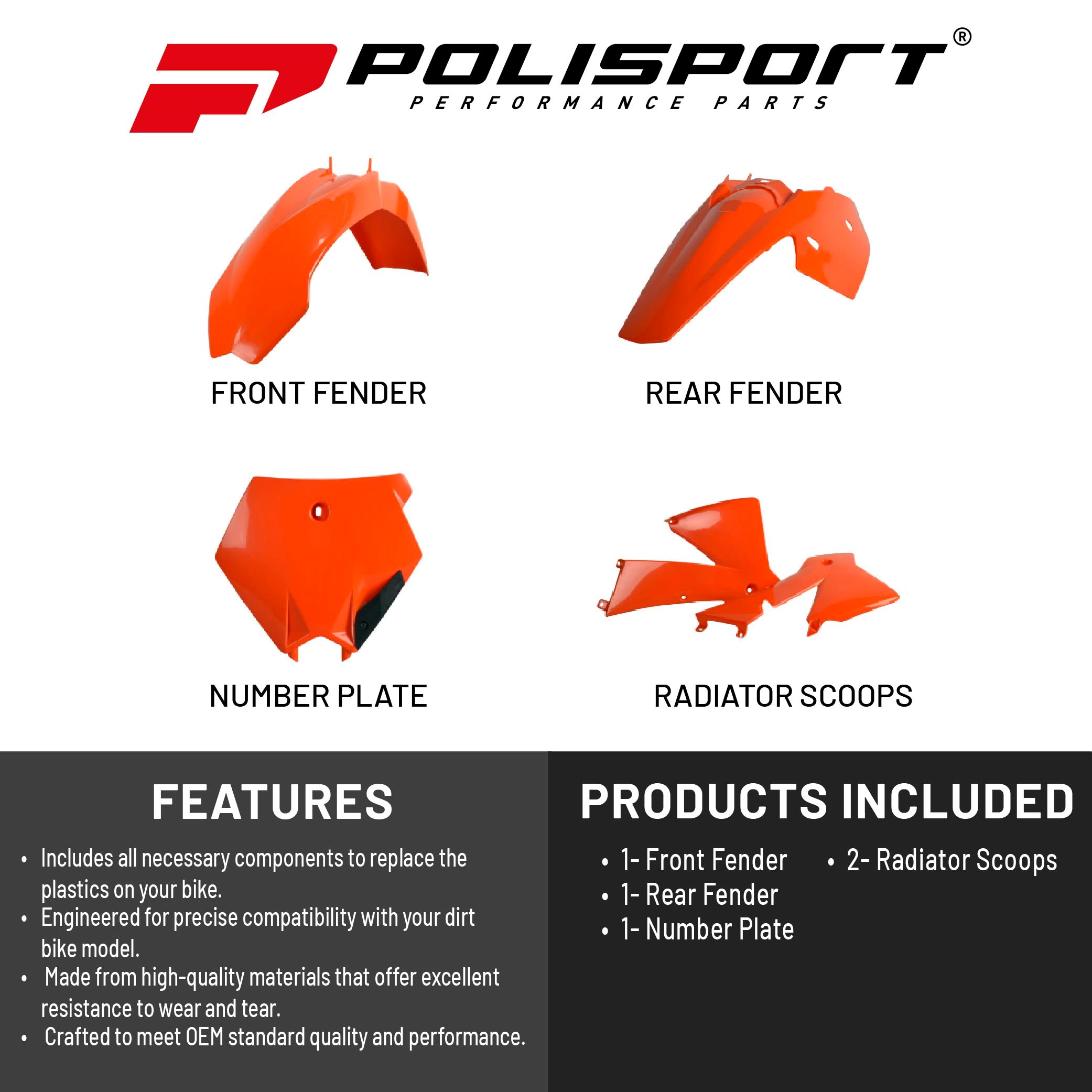 Polisport Motocross (MX) Replica Plastic Kit for KTM SX (2003-04) Dirt Bike Dirt Bike – OEM Quality, Durable, Flexible & Perfect Fit – Orange