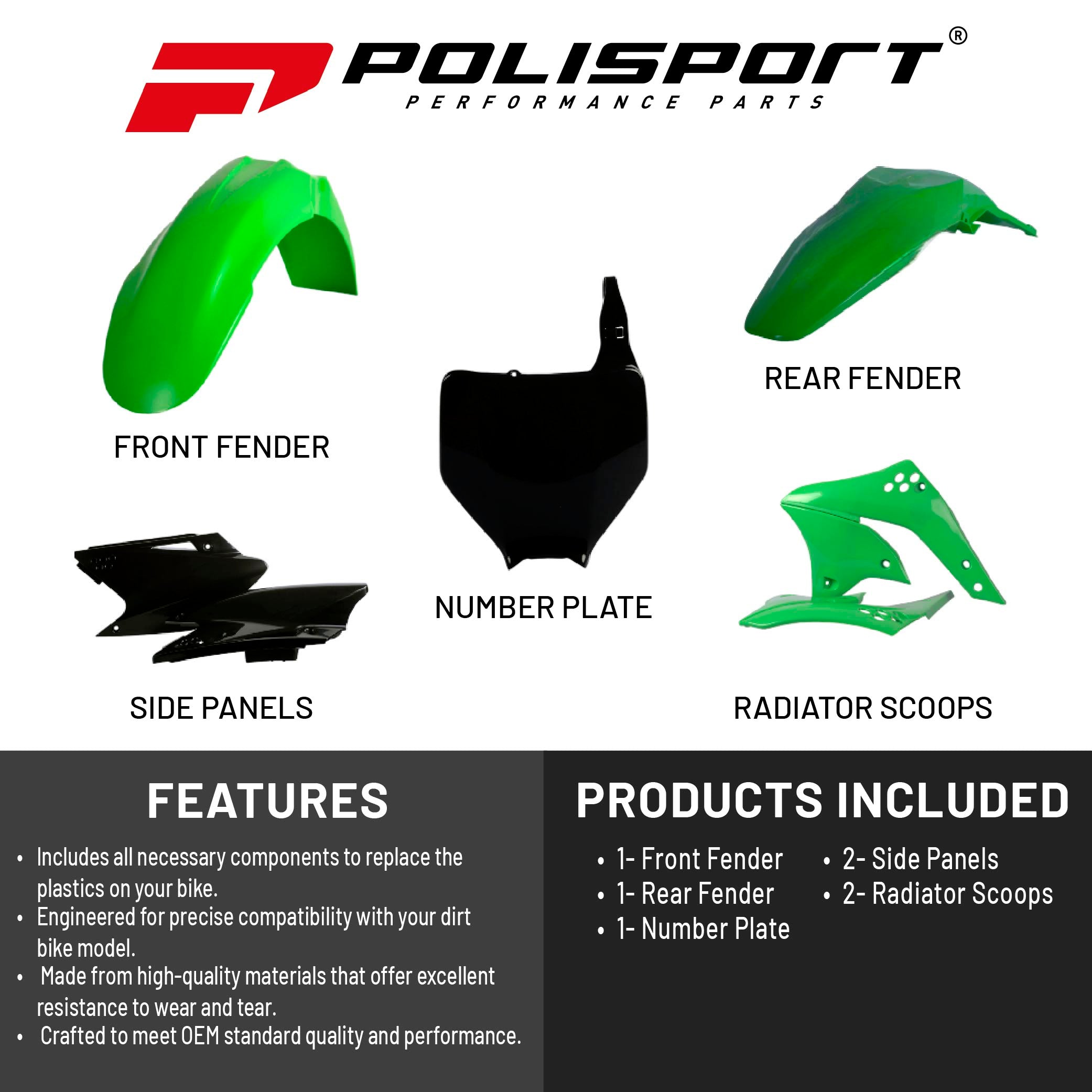 Polisport Motocross (MX) Replica Plastic Kit for Kawasaki KX 250F (2006-08) Dirt Bike – OEM Quality, Durable, Flexible & Perfect Fit – Green/Black