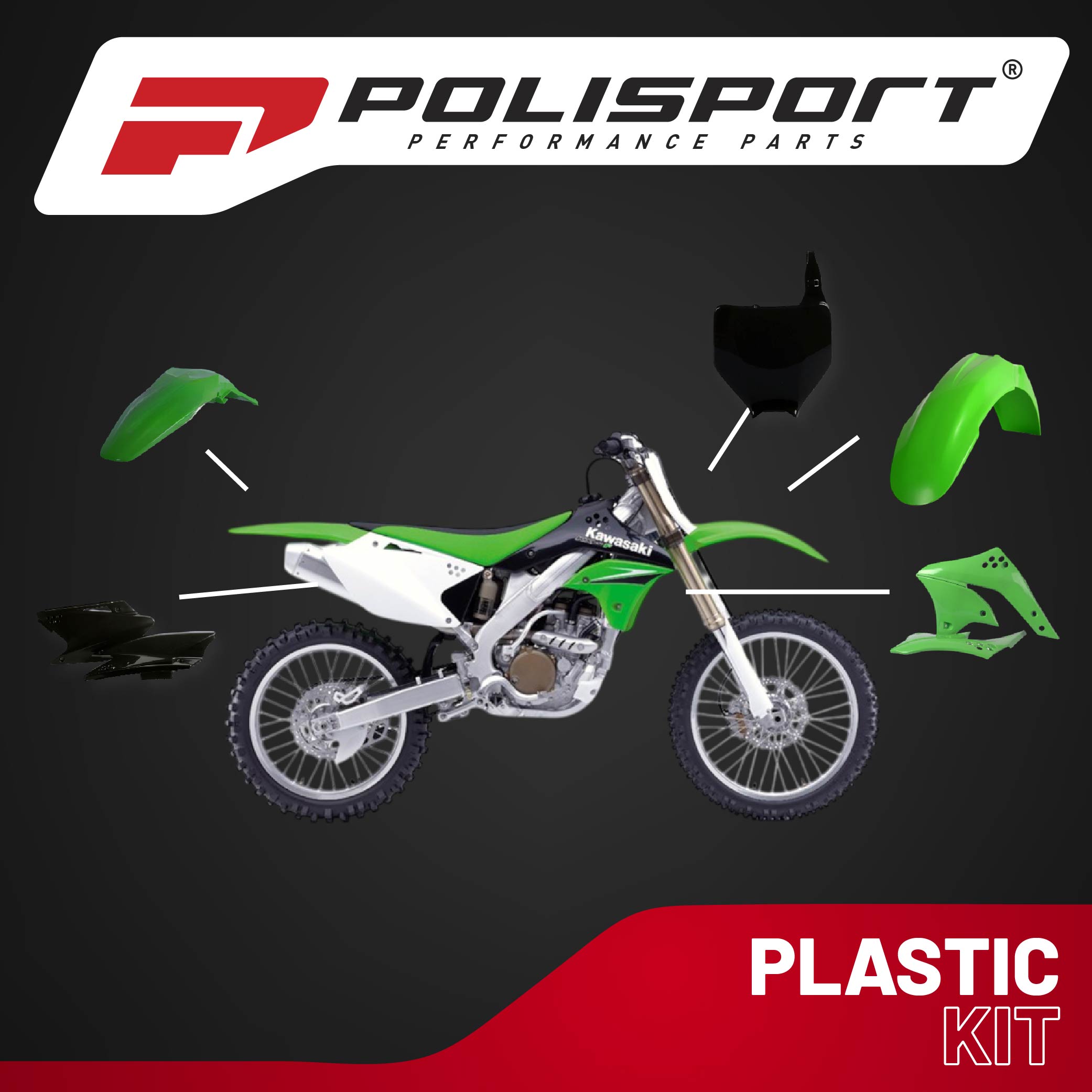 Polisport Motocross (MX) Replica Plastic Kit for Kawasaki KX 250F (2006-08) Dirt Bike – OEM Quality, Durable, Flexible & Perfect Fit – Green/Black