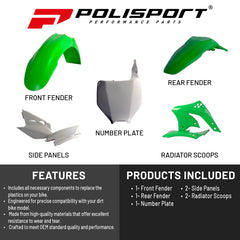 Polisport Motocross (MX) Replica Plastic Kit for Kawasaki KX 450F (2006-08) Dirt Bike – OEM Quality, Durable, Flexible & Perfect Fit – Green/White