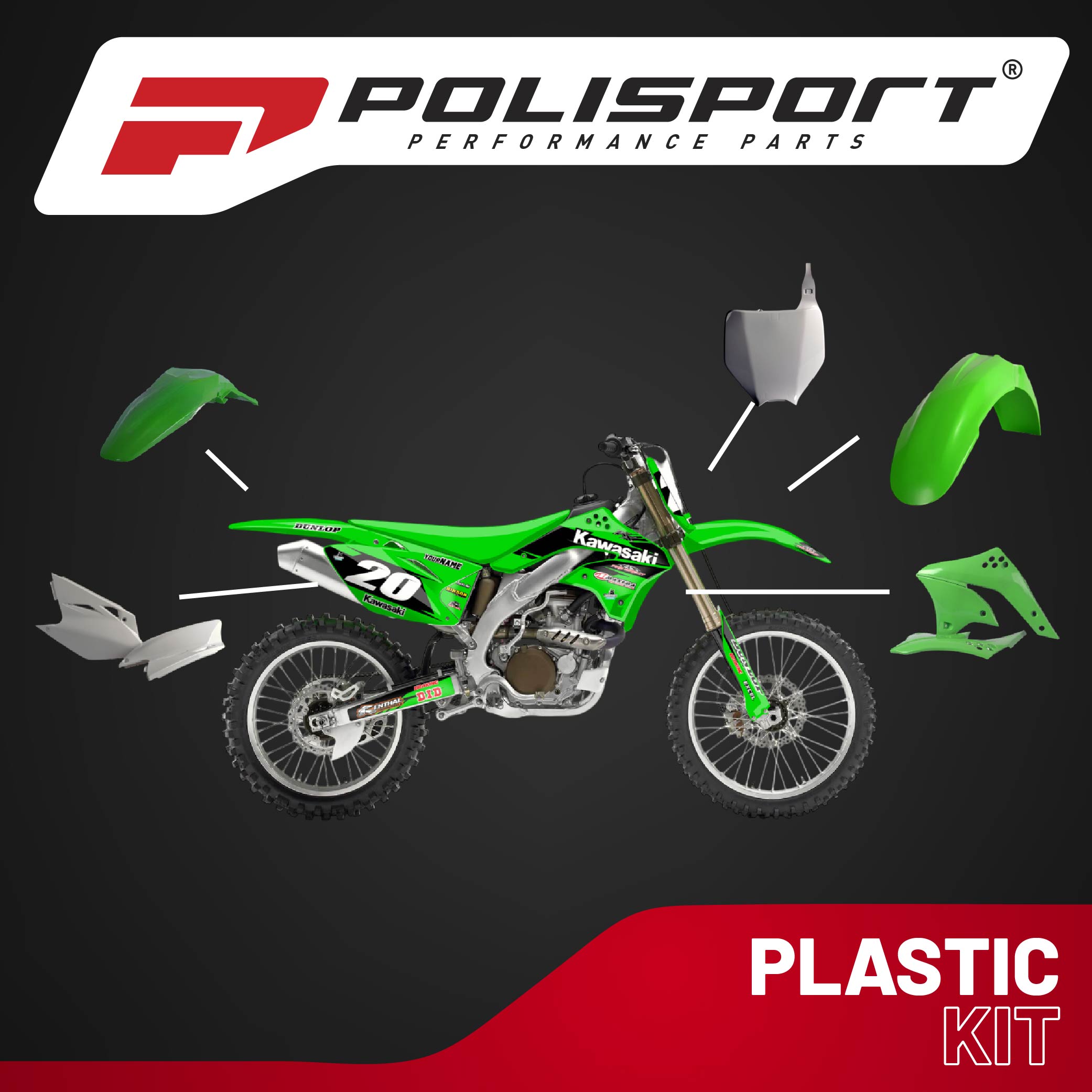 Polisport Motocross (MX) Replica Plastic Kit for Kawasaki KX 450F (2006-08) Dirt Bike – OEM Quality, Durable, Flexible & Perfect Fit – Green/White