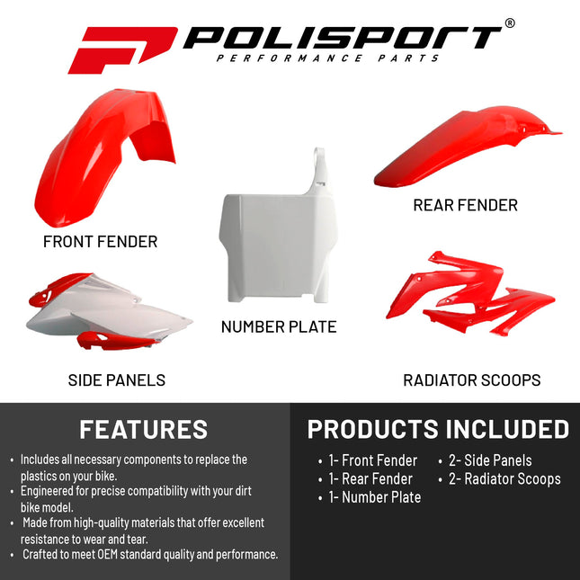 Polisport Motocross (MX) Replica Plastic Kit for Honda CRF 250R (2006-07) Dirt Bike – OEM Quality, Durable, Flexible & Perfect Fit – Red/White