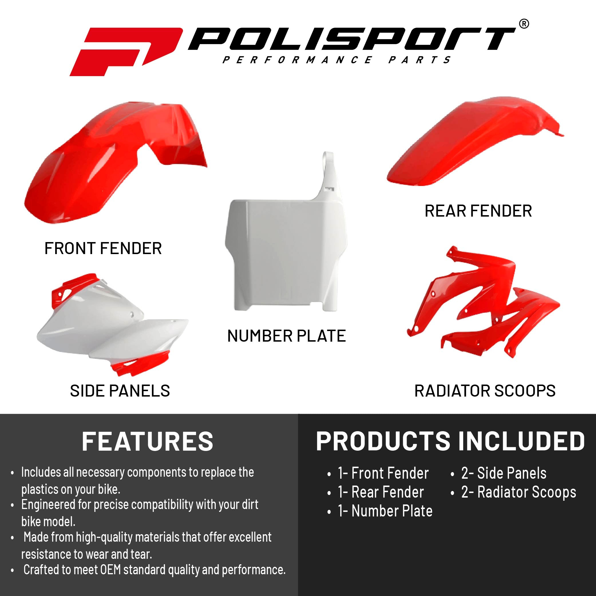 Polisport Motocross (MX) Replica Plastic Kit for Honda CRF 450R (2007) Dirt Bike – OEM Quality, Durable, Flexible & Perfect Fit – Red/White