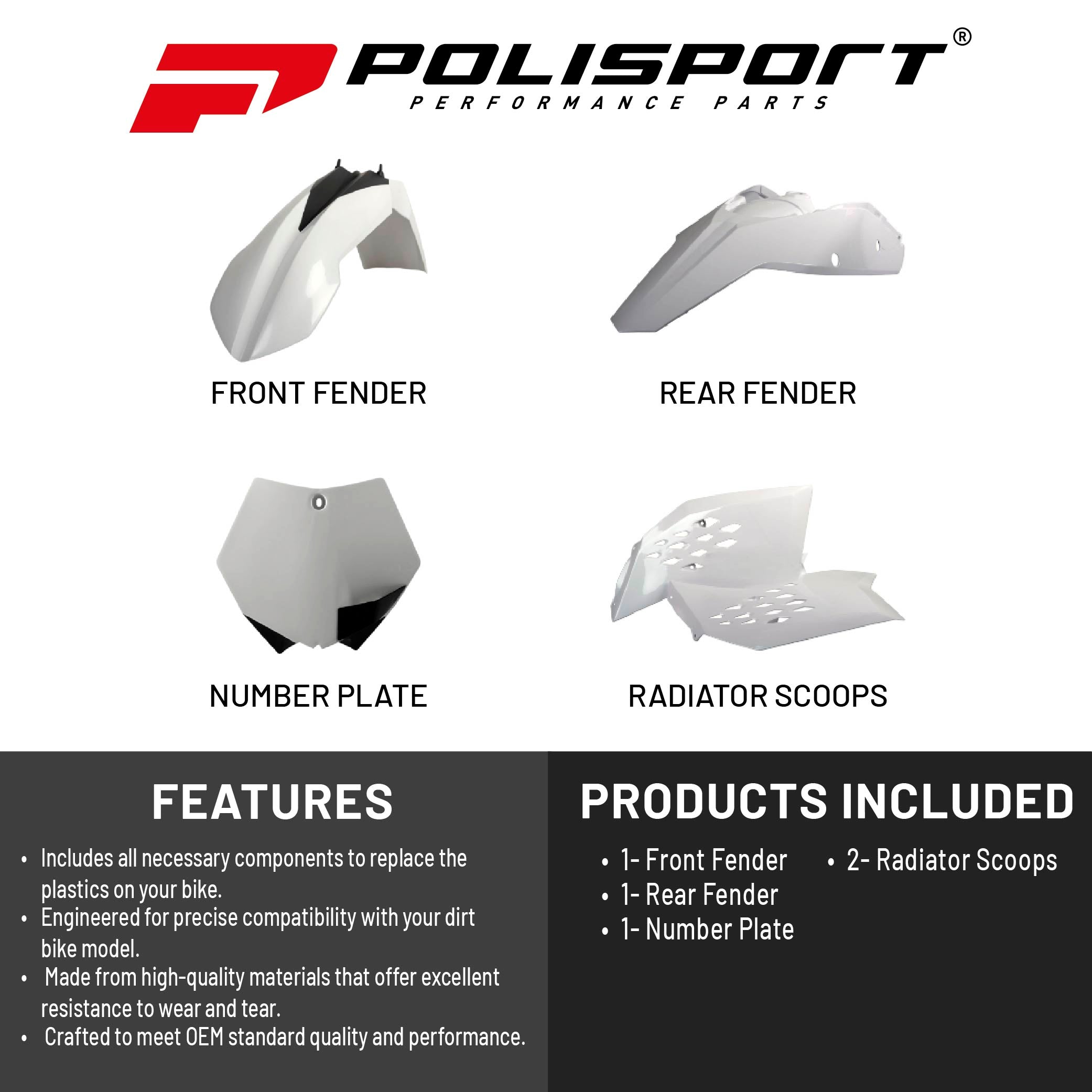 Polisport Motocross (MX) Replica Plastic Kit for KTM XC/XC-F (2008-10) Dirt Bike – OEM Quality, Durable, Flexible & Perfect Fit – White/Black