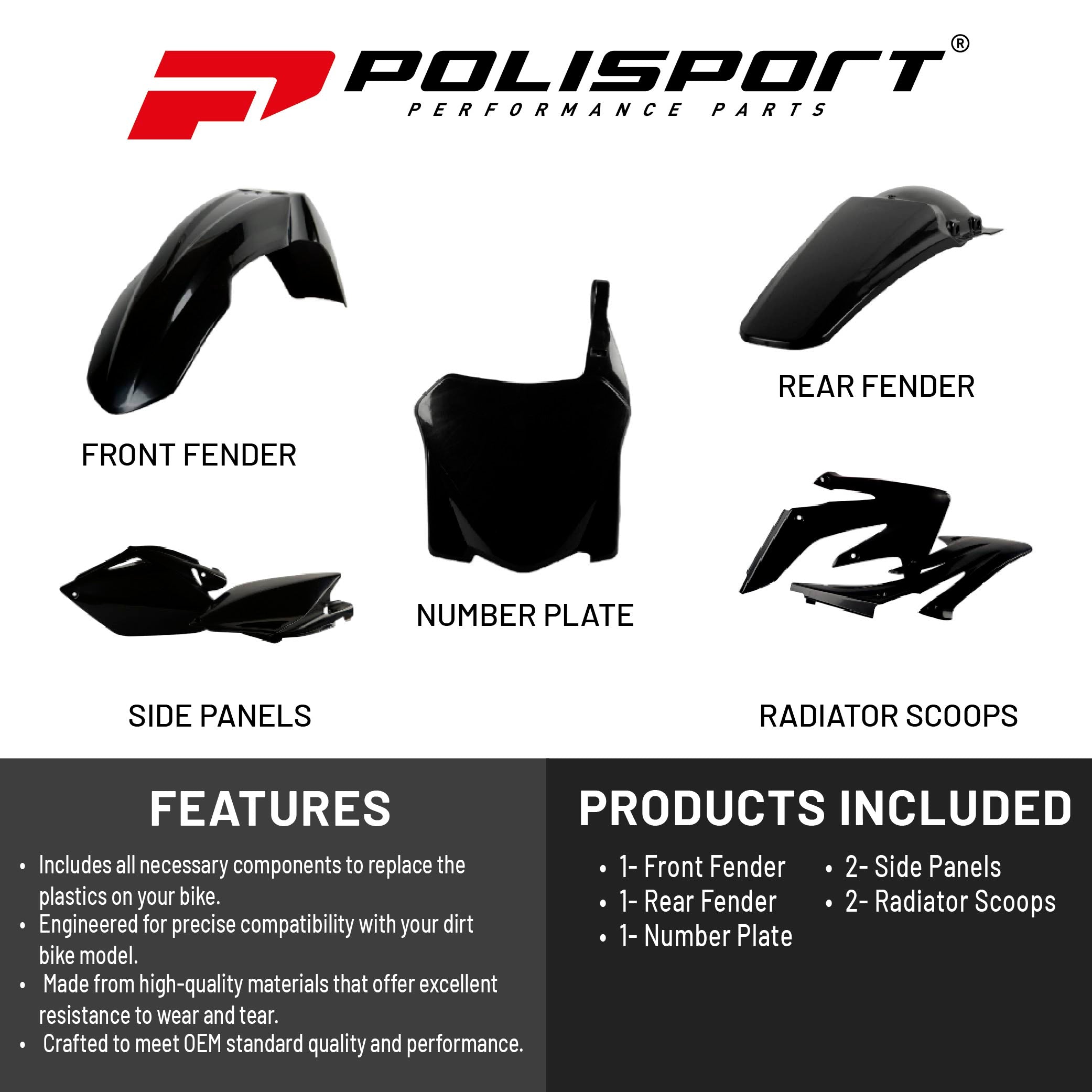 Polisport Motocross (MX) Replica Plastic Kit for Honda CRF 250R (2008) Dirt Bike – OEM Quality, Durable, Flexible & Perfect Fit – Black