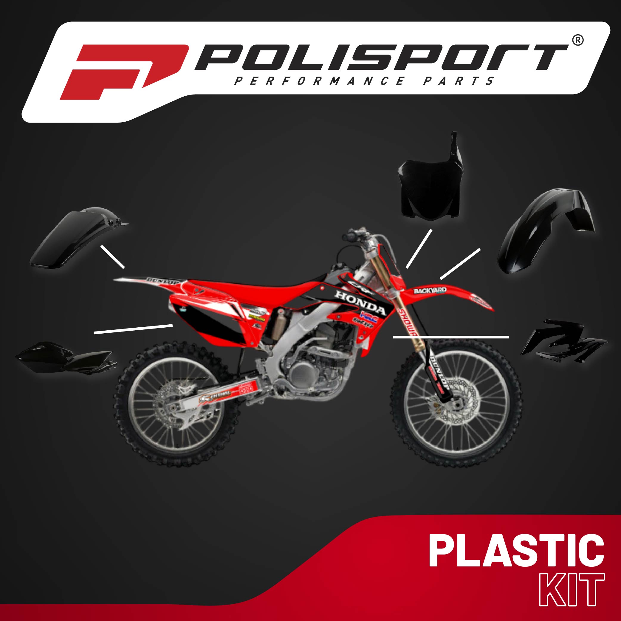Polisport Motocross (MX) Replica Plastic Kit for Honda CRF 250R (2008) Dirt Bike – OEM Quality, Durable, Flexible & Perfect Fit – Black