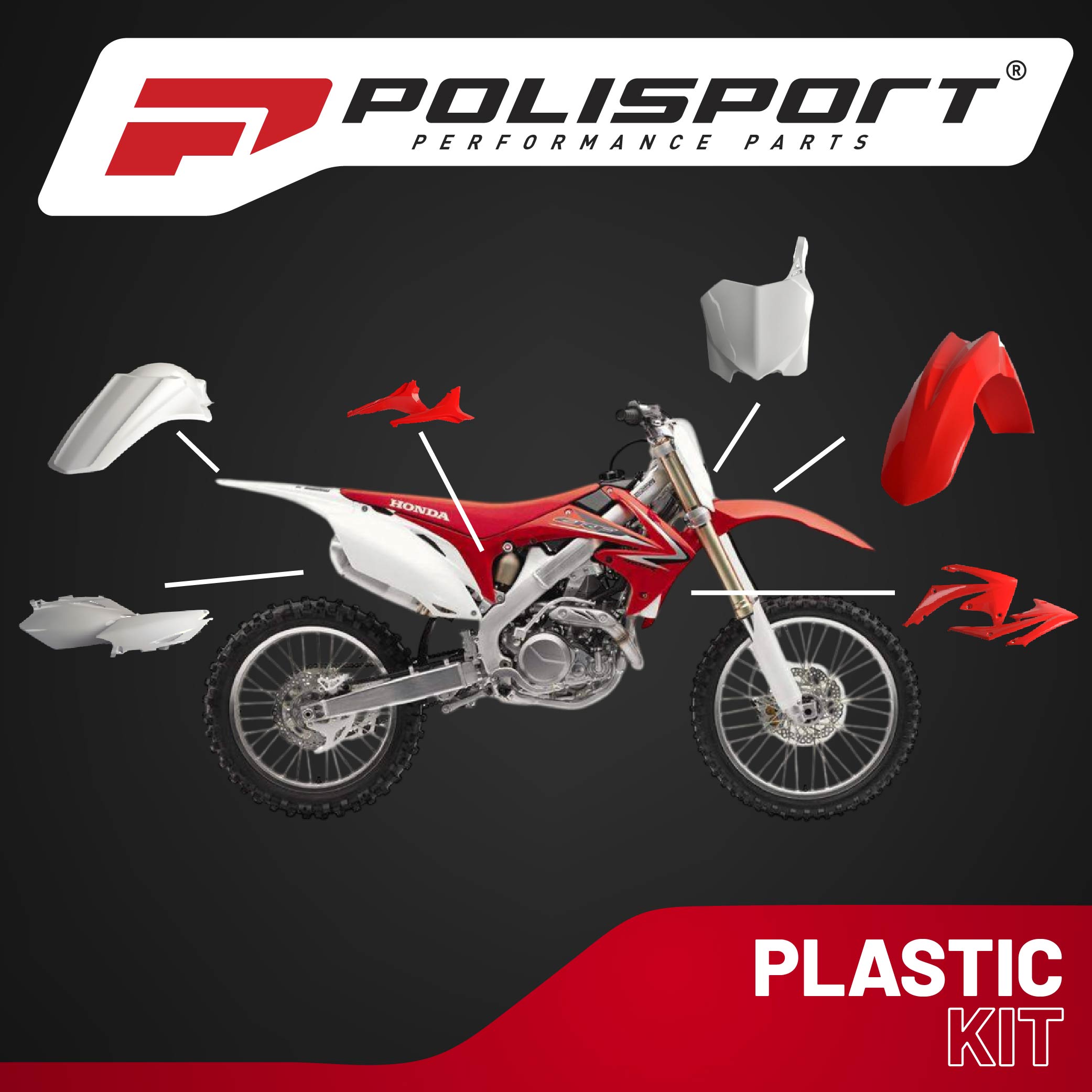 Polisport Motocross (MX) Replica Plastic Kit for Honda CRF 450R (2009-10) Dirt Bike – OEM Quality, Durable, Flexible & Perfect Fit – Red/White