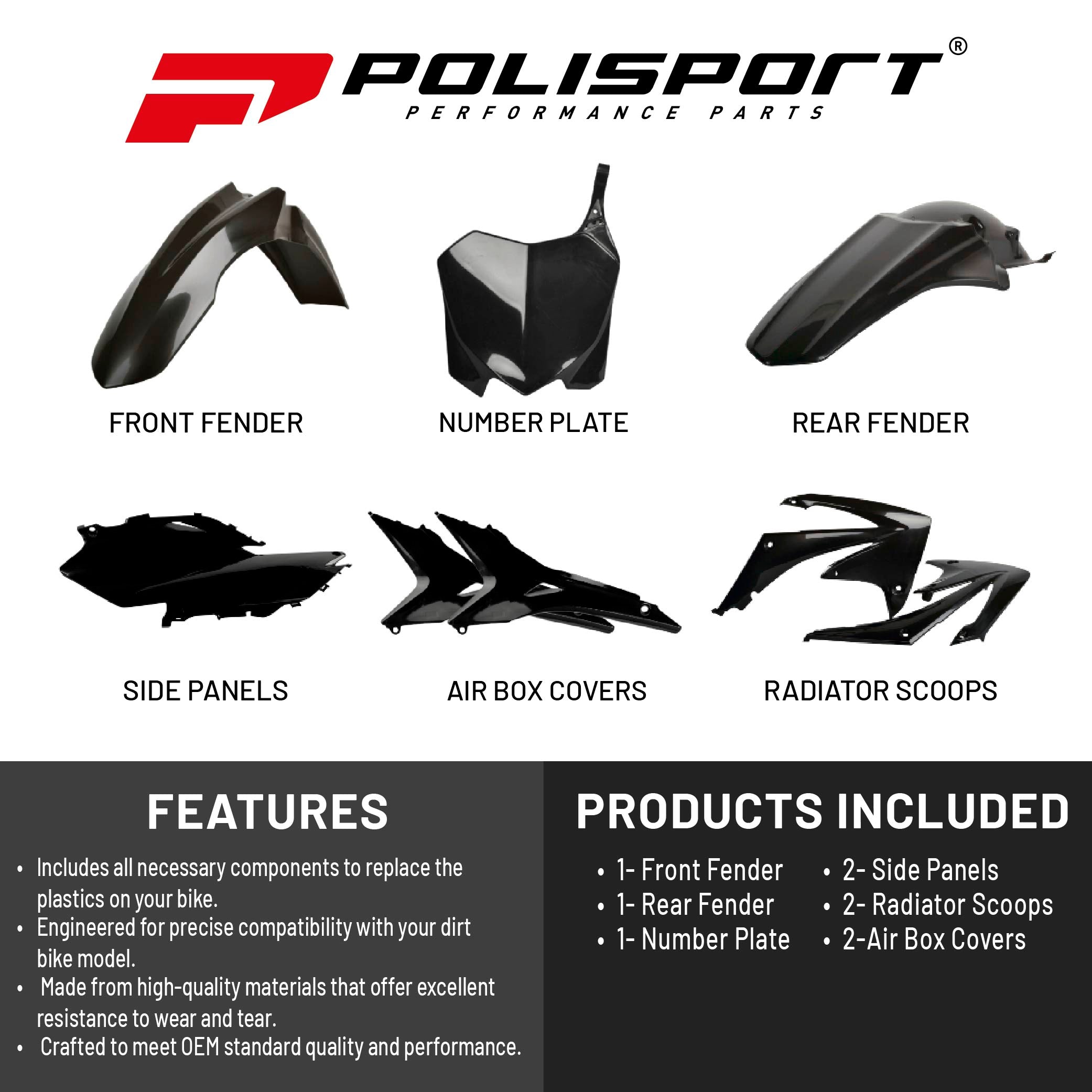 Polisport Motocross (MX) Replica Plastic Kit for Honda CRF 450R (2009-10) Dirt Bike – OEM Quality, Durable, Flexible & Perfect Fit – Black