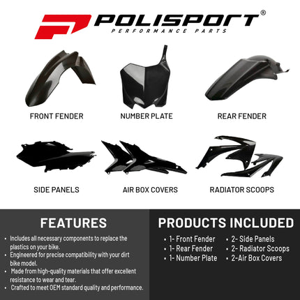 Polisport Motocross (MX) Replica Plastic Kit for Honda CRF 450R (2009-10) Dirt Bike – OEM Quality, Durable, Flexible & Perfect Fit – Black