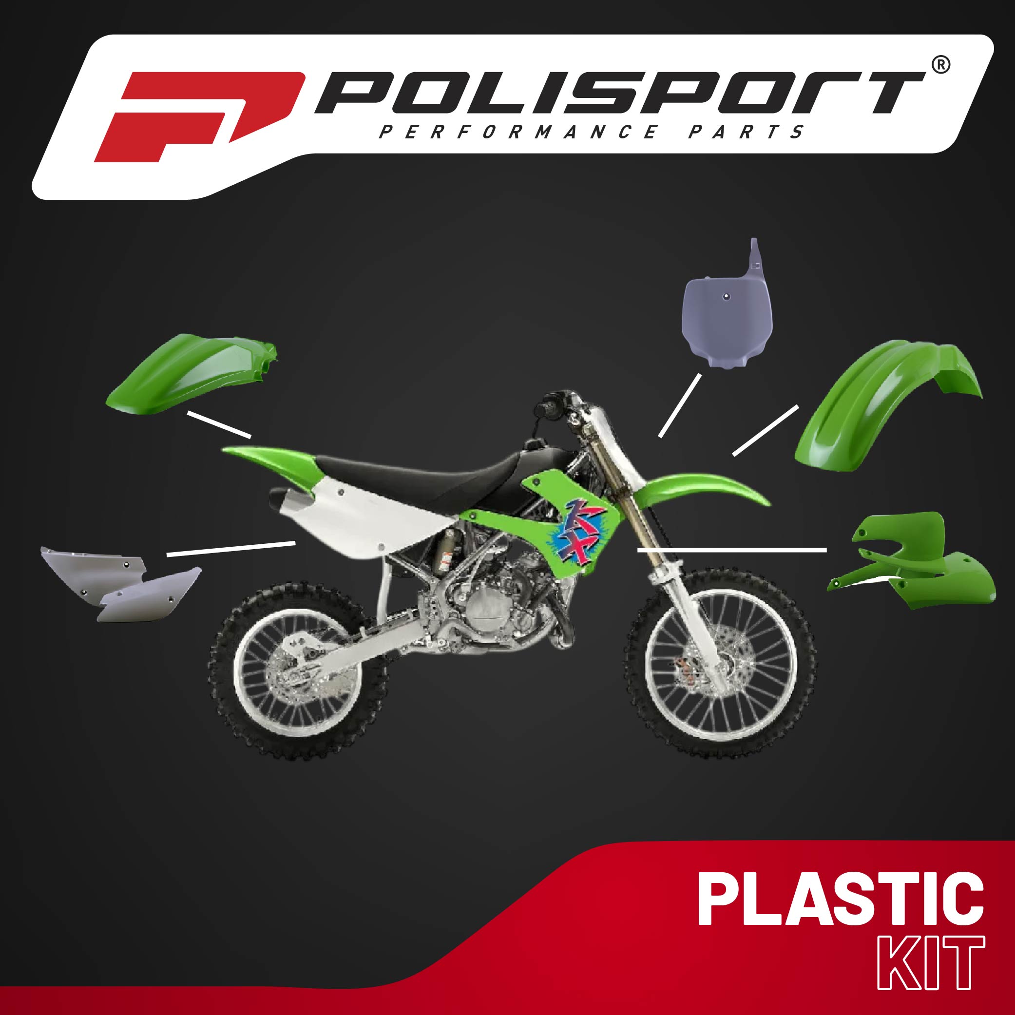 Polisport Motocross (MX) Replica Plastic Kit for Kawasaki KX 85/100/112 (2001-13) Dirt Bike – OEM Quality, Durable, Flexible & Perfect Fit – Green/White