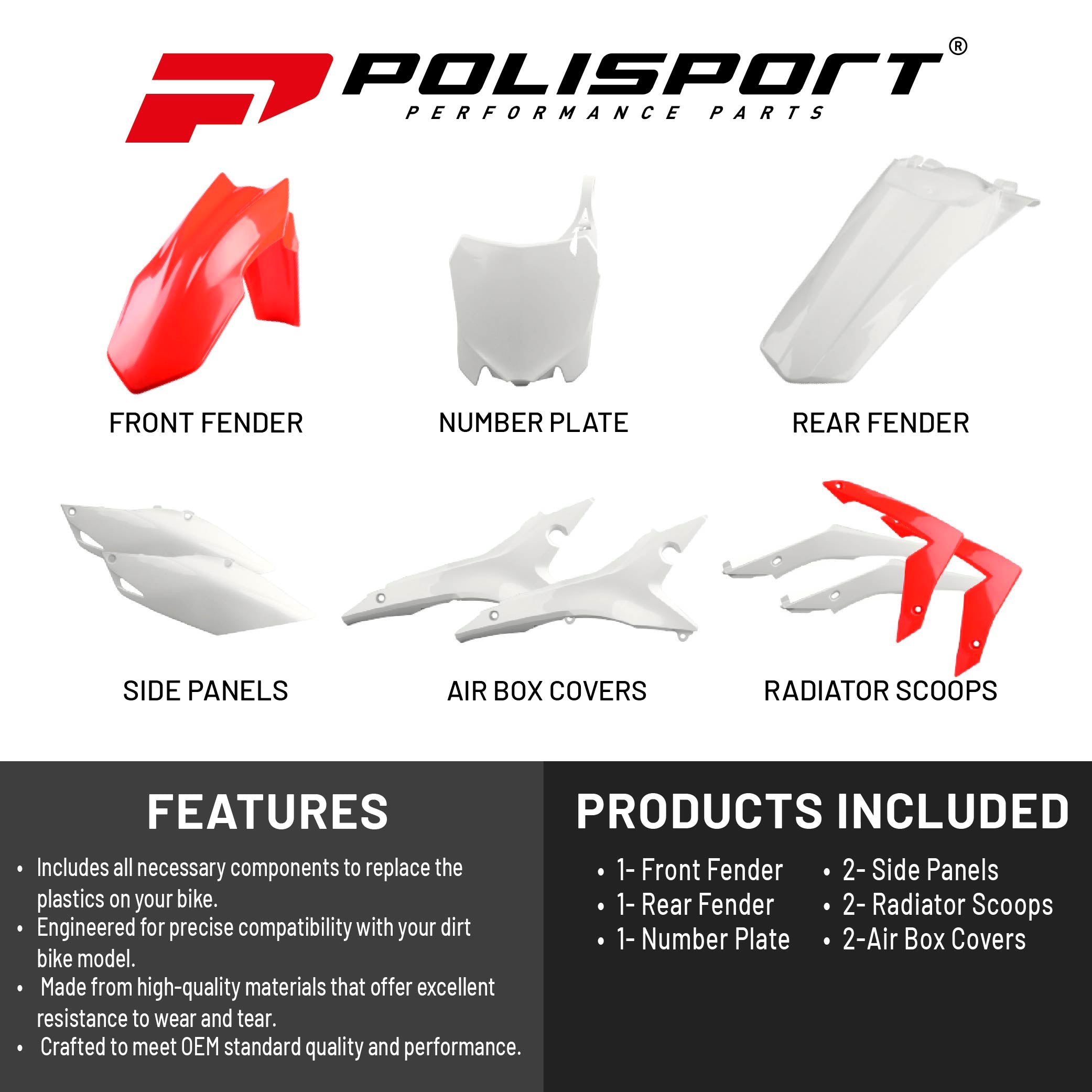 Polisport Motocross (MX) Replica Plastic Kit for Honda CRF 450R (2013-16) Dirt Bike – OEM Quality, Durable, Flexible & Perfect Fit – Red/White