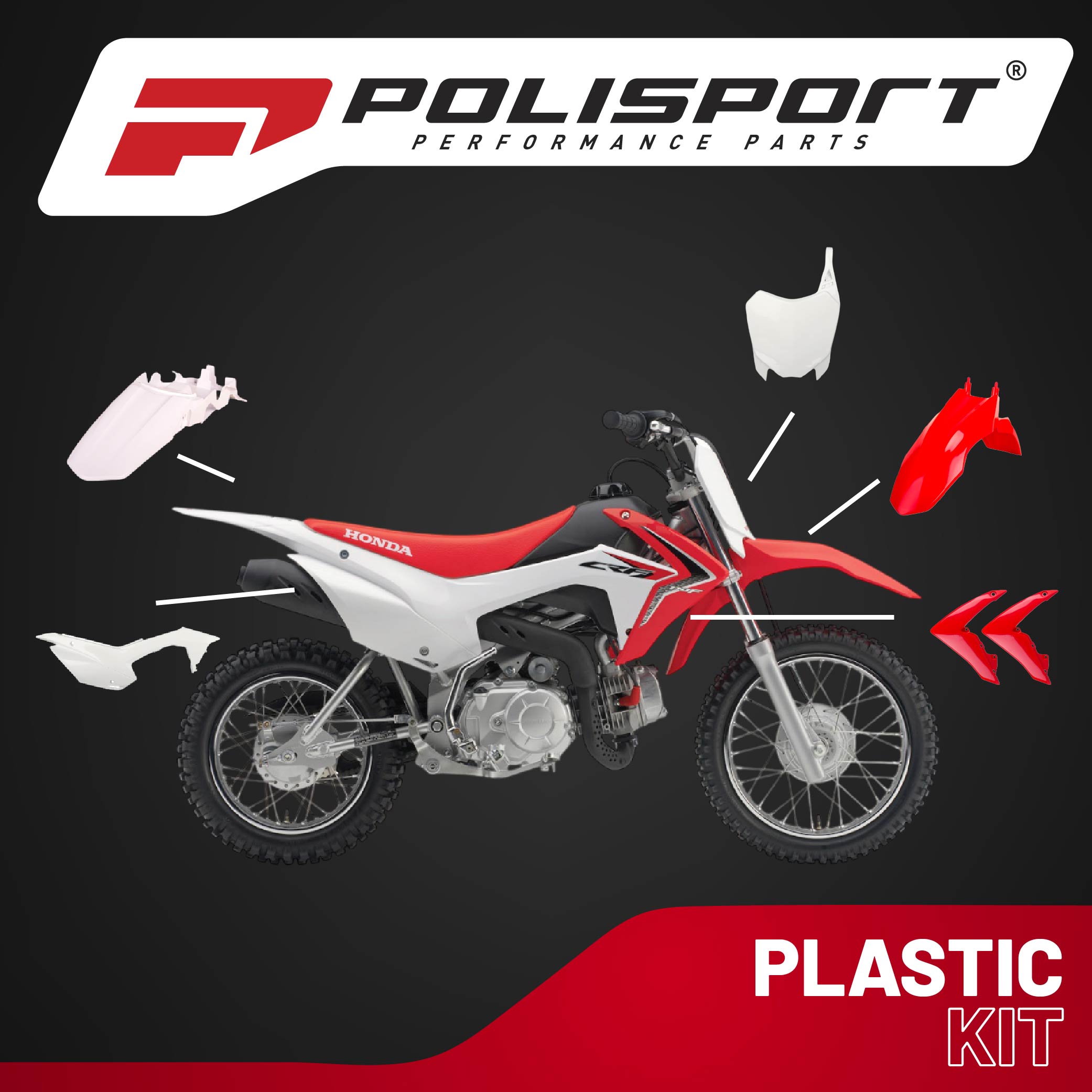 Polisport Motocross (MX) Replica Plastic Kit for Honda CRF 110F (2013-18) Dirt Bike – OEM Quality, Durable, Flexible & Perfect Fit – Red/White