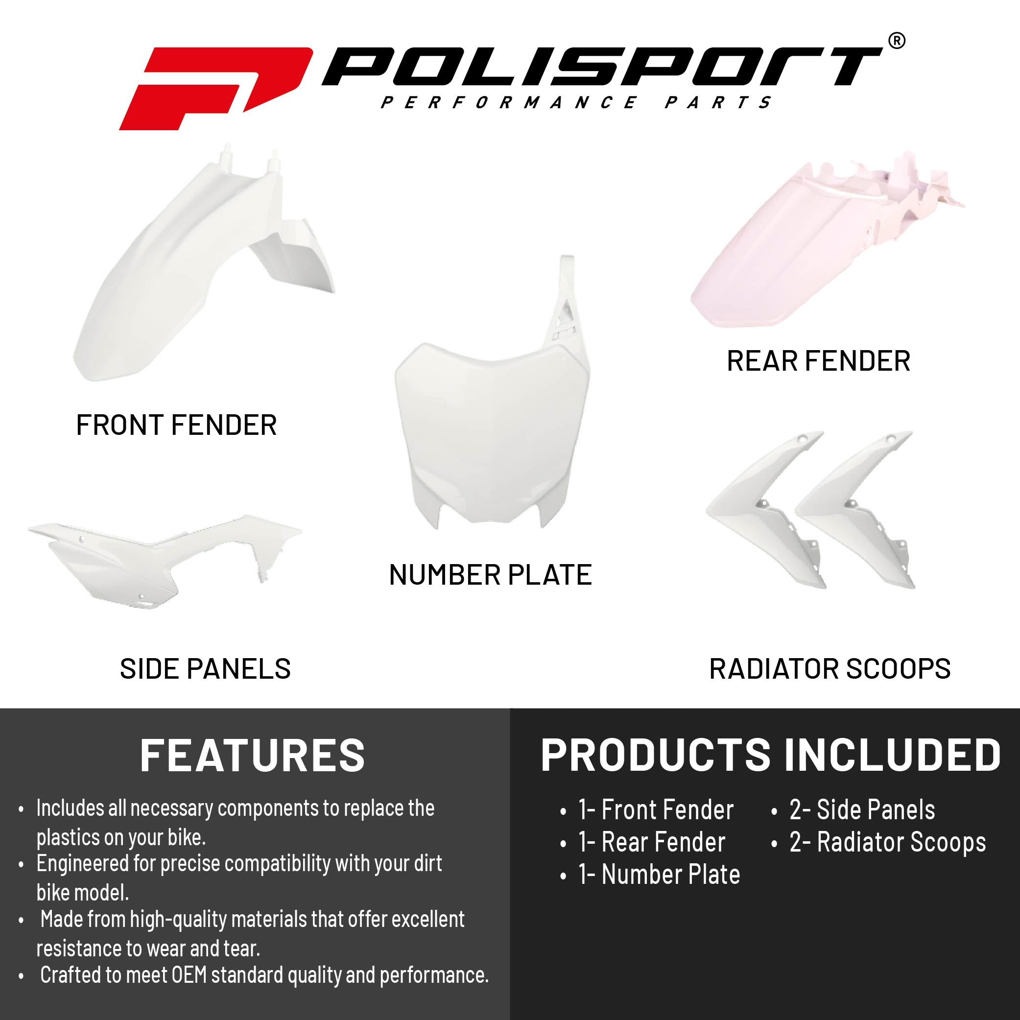Polisport Motocross (MX) Replica Plastic Kit for Honda CRF 110F (2013-18) Dirt Bike – OEM Quality, Durable, Flexible & Perfect Fit – White