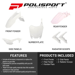 Polisport Motocross (MX) Replica Plastic Kit for Honda CRF 110F (2013-18) Dirt Bike – OEM Quality, Durable, Flexible & Perfect Fit – White