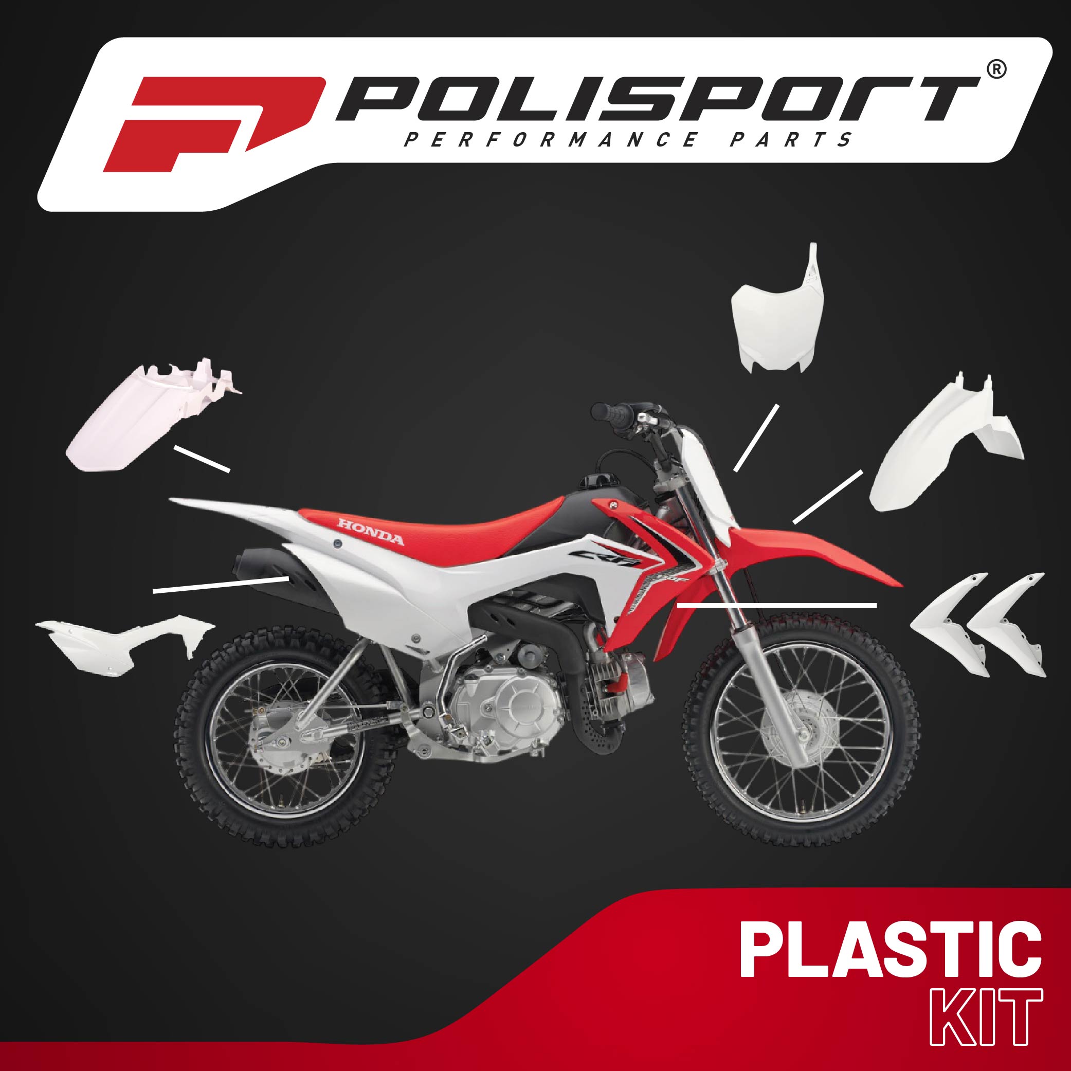 Polisport Motocross (MX) Replica Plastic Kit for Honda CRF 110F (2013-18) Dirt Bike – OEM Quality, Durable, Flexible & Perfect Fit – White