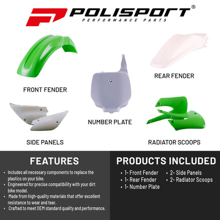 Polisport Motocross (MX) Replica Plastic Kit for Kawasaki KX 85/100/112 (2001-13) Dirt Bike – OEM Quality, Durable, Flexible & Perfect Fit – Green/White