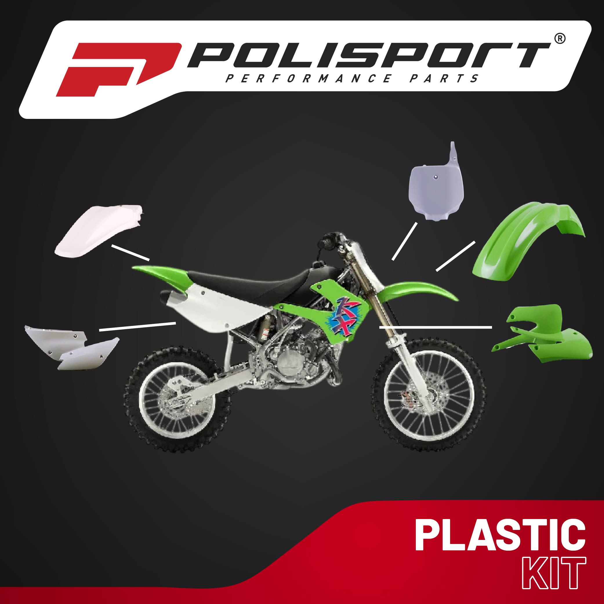 Polisport Motocross (MX) Replica Plastic Kit for Kawasaki KX 85/100/112 (2001-13) Dirt Bike – OEM Quality, Durable, Flexible & Perfect Fit – Green/White