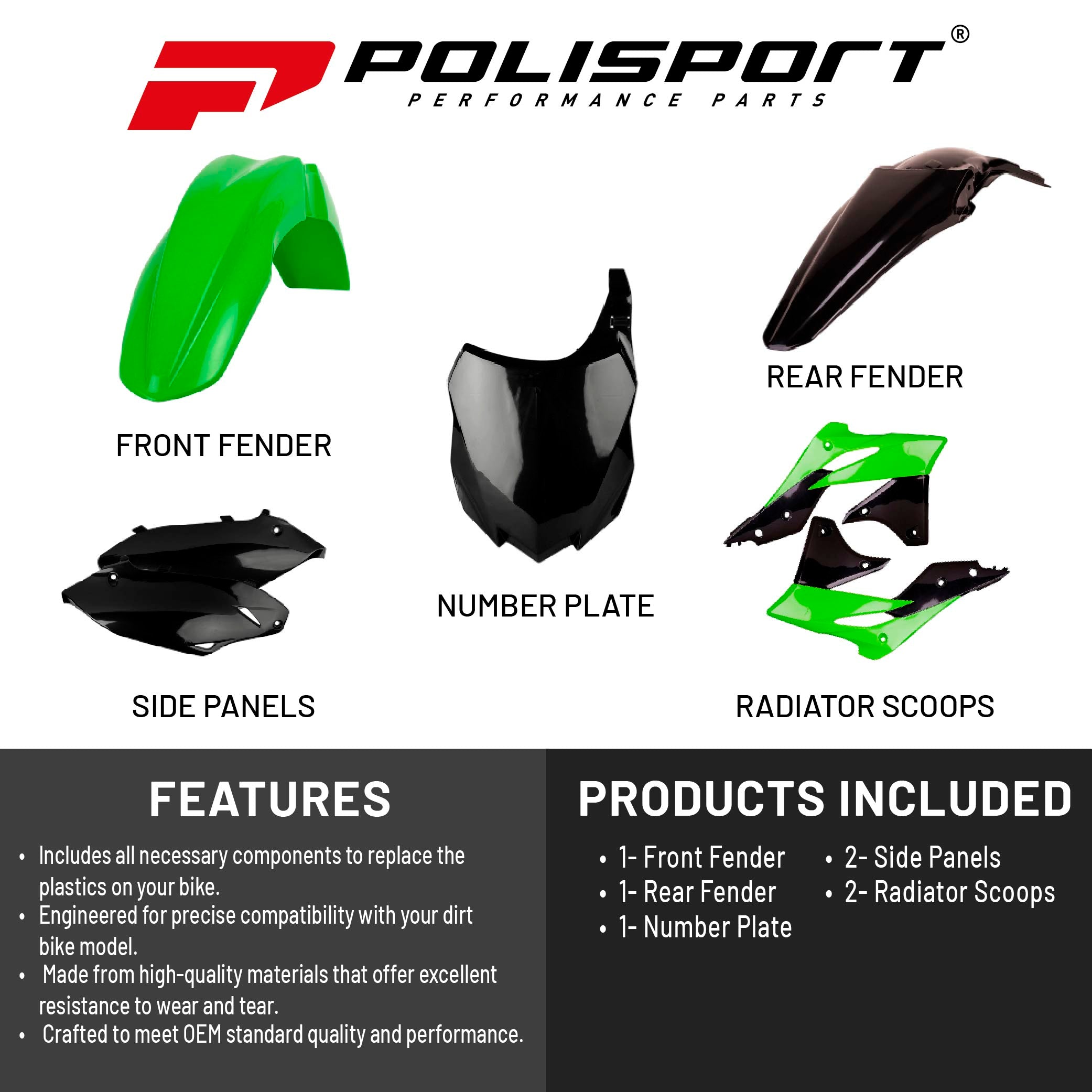 Polisport Motocross (MX) Replica Plastic Kit for Kawasaki KX 250F (2013-16) Dirt Bike – OEM Quality, Durable, Flexible & Perfect Fit – Green/Black