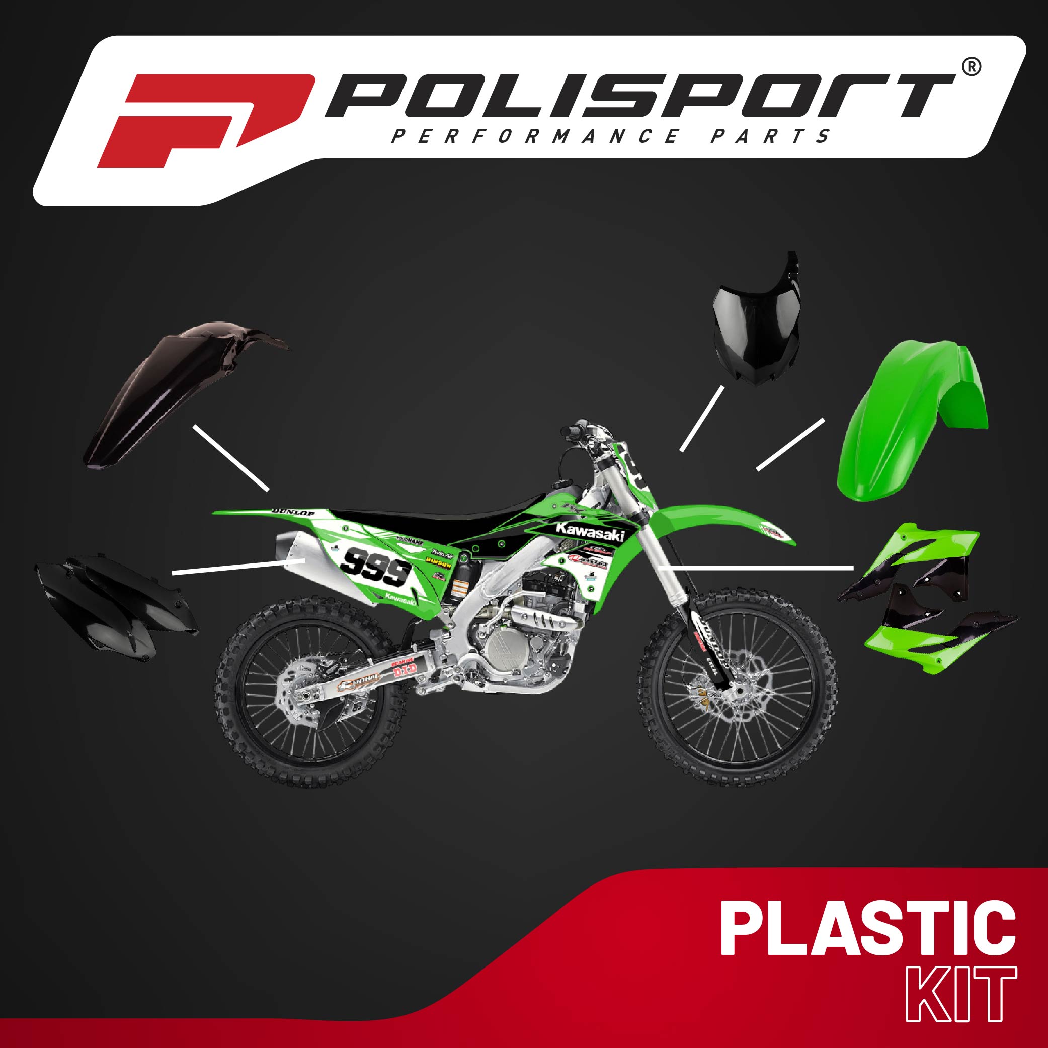 Polisport Motocross (MX) Replica Plastic Kit for Kawasaki KX 250F (2013-16) Dirt Bike – OEM Quality, Durable, Flexible & Perfect Fit – Green/Black