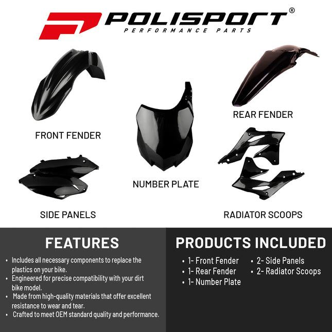 Polisport Motocross (MX) Replica Plastic Kit for Kawasaki KX 250F (2013-16) Dirt Bike – OEM Quality, Durable, Flexible & Perfect Fit – Black