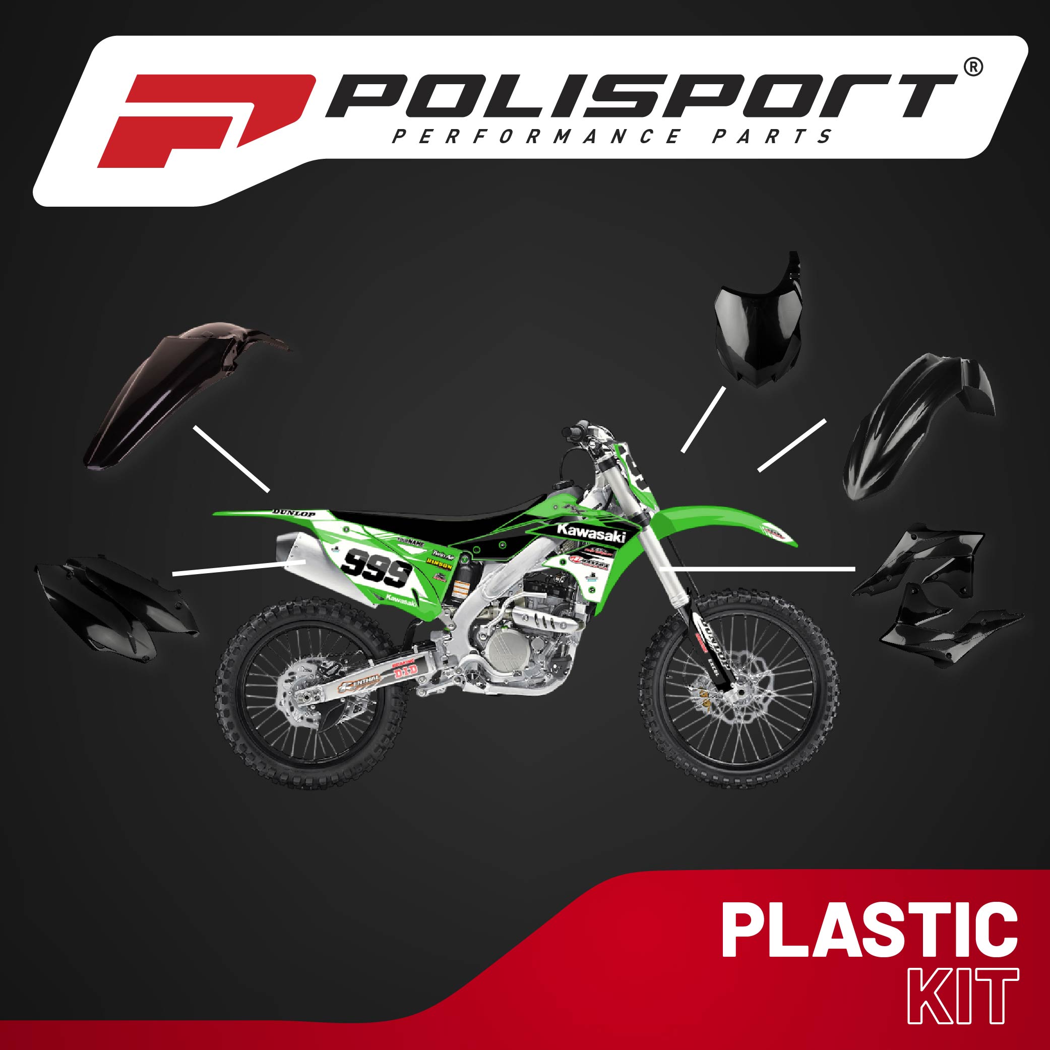 Polisport Motocross (MX) Replica Plastic Kit for Kawasaki KX 250F (2013-16) Dirt Bike – OEM Quality, Durable, Flexible & Perfect Fit – Black