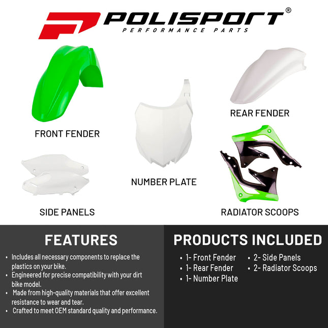 Polisport Motocross (MX) Replica Plastic Kit for Kawasaki KX 450F (2013-15) Dirt Bike – OEM Quality, Durable, Flexible & Perfect Fit – Green/White/Black