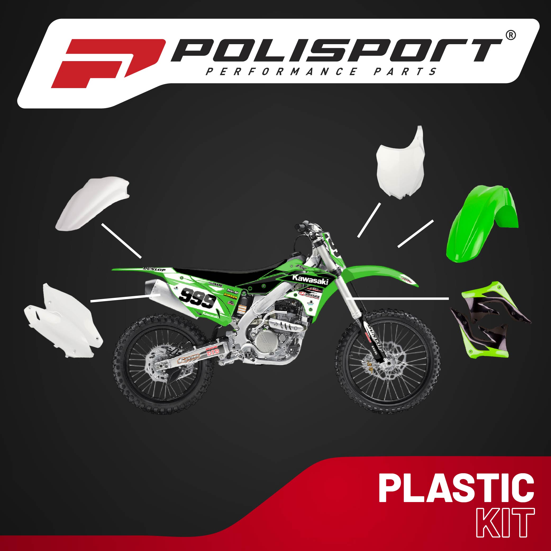 Polisport Motocross (MX) Replica Plastic Kit for Kawasaki KX 450F (2013-15) Dirt Bike – OEM Quality, Durable, Flexible & Perfect Fit – Green/White/Black